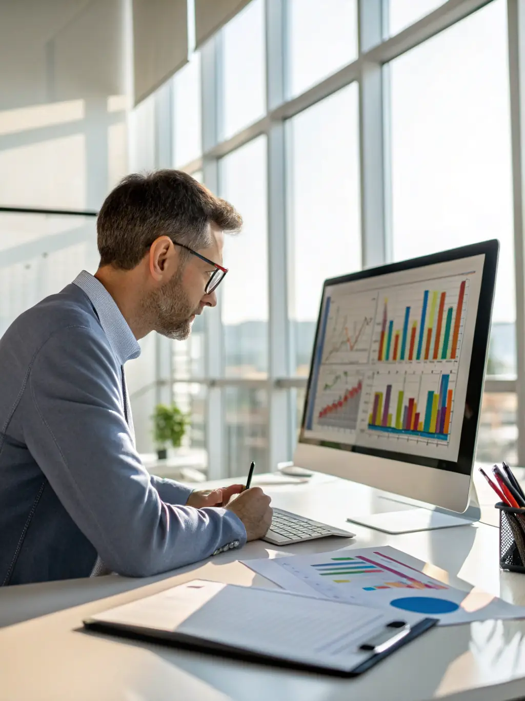 A focused image of a data analyst reviewing adverse event reports on a computer screen, highlighting the attention to detail in pharmacovigilance.