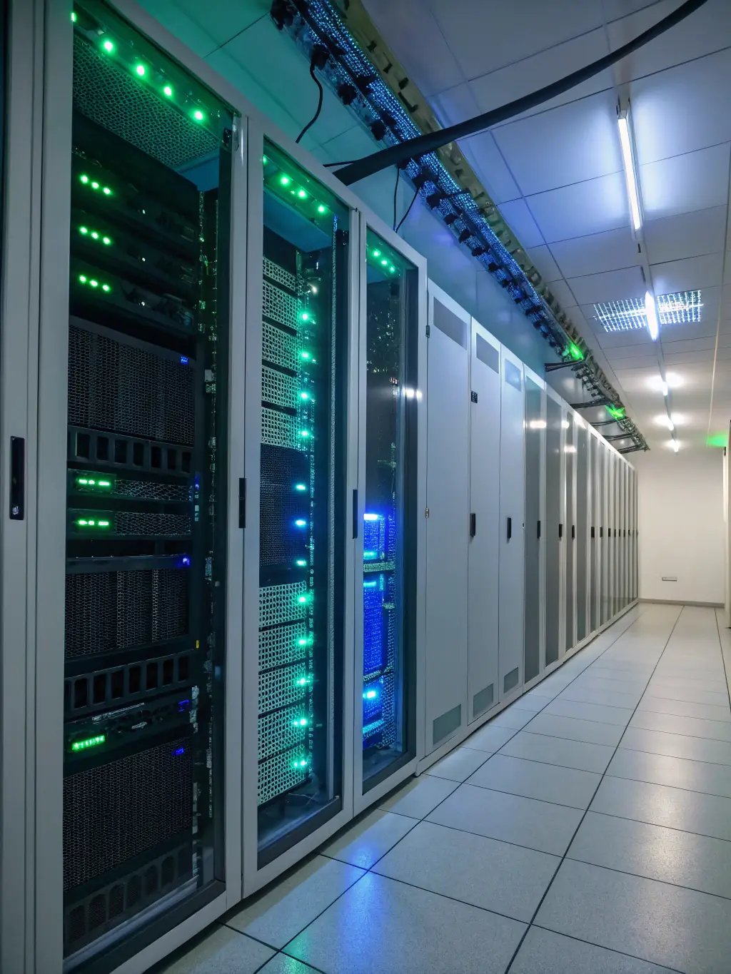 An image depicting a secure server room with blinking lights, symbolizing data security and integrity in pharmacovigilance.