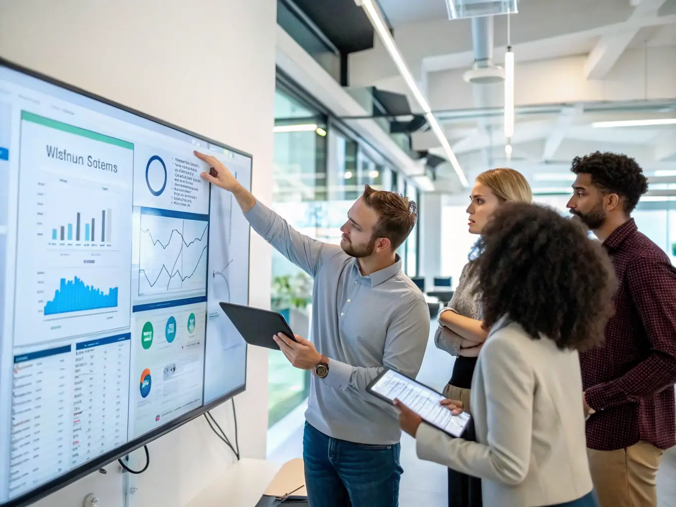 An image of a team of IT consultants collaborating on a project, with a focus on regulatory compliance documents and software interfaces.