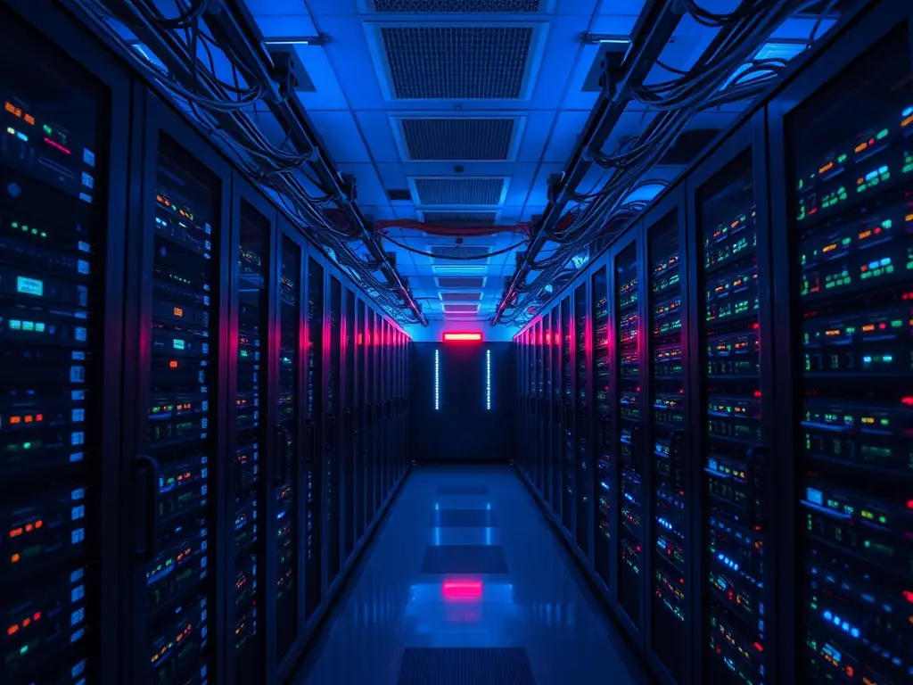 A secure data server room with blinking lights, symbolizing data security and integrity in pharmacovigilance.