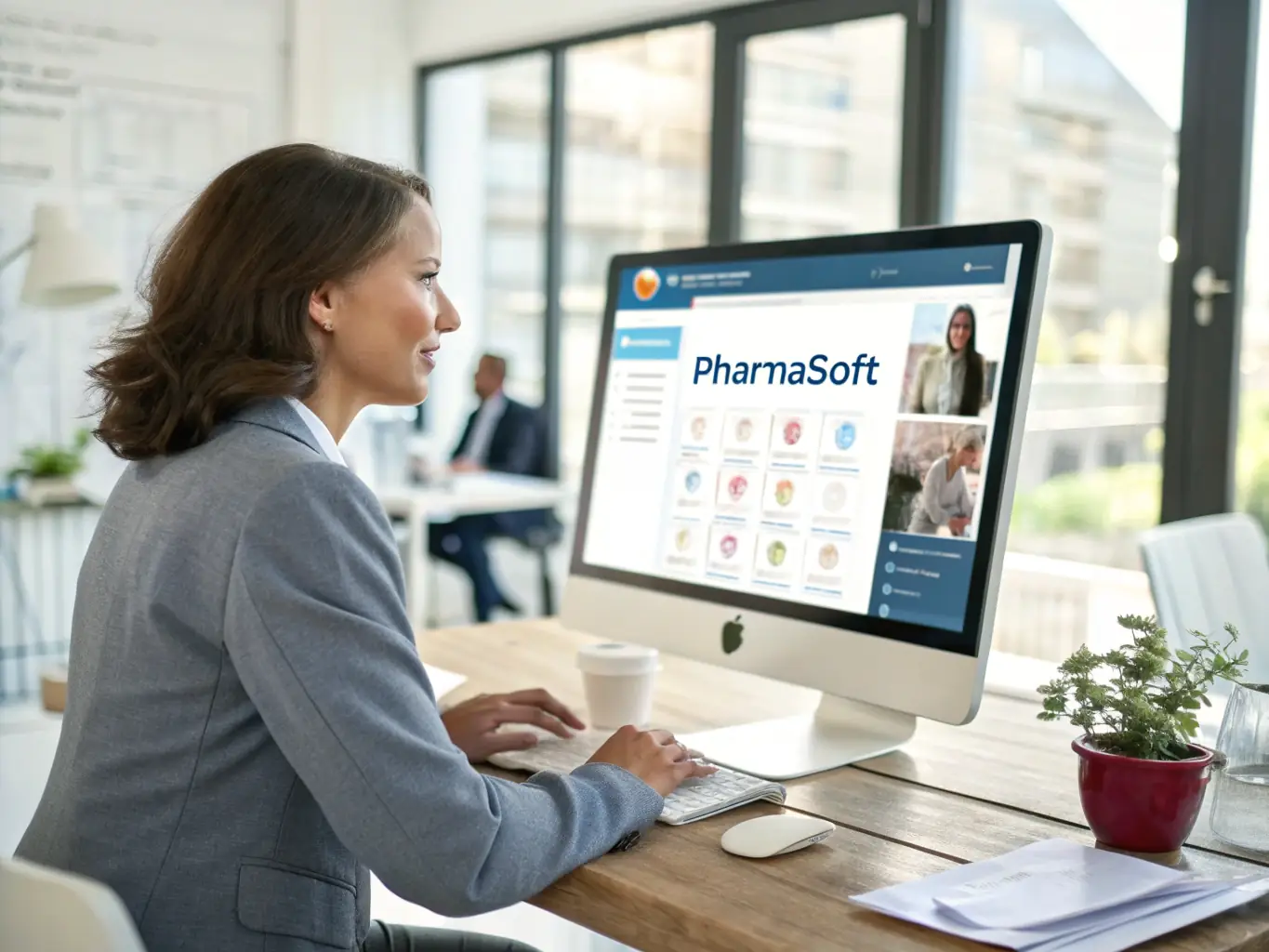 A data analyst working on a large screen displaying pharmacovigilance data trends and insights.